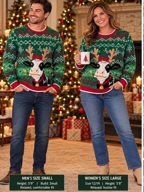 Holiday Time Green Cow Reindeer Holiday Crewneck Sweater with Red Trim